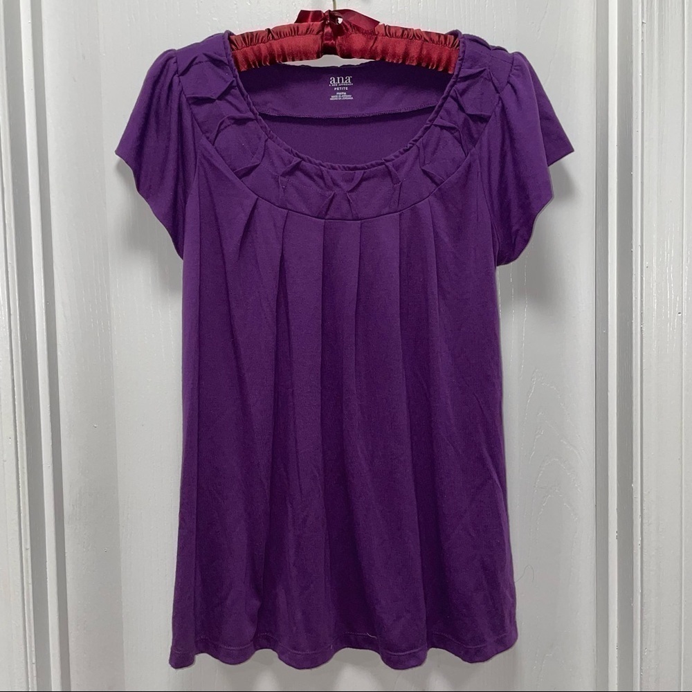 Ana Petite Blouse Cap Short Sleeve Round Scoop Crew Neck Pleated Collar Top
